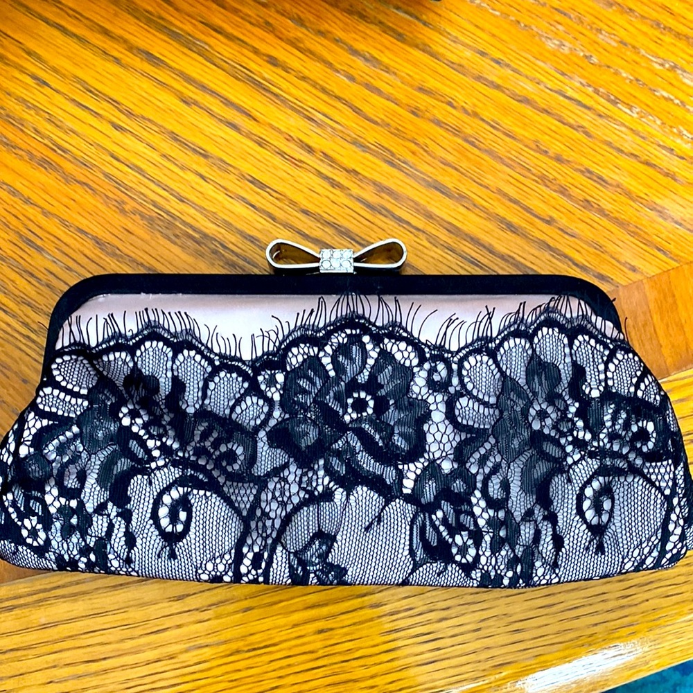 Dynamite Pink satin with black lace clutch